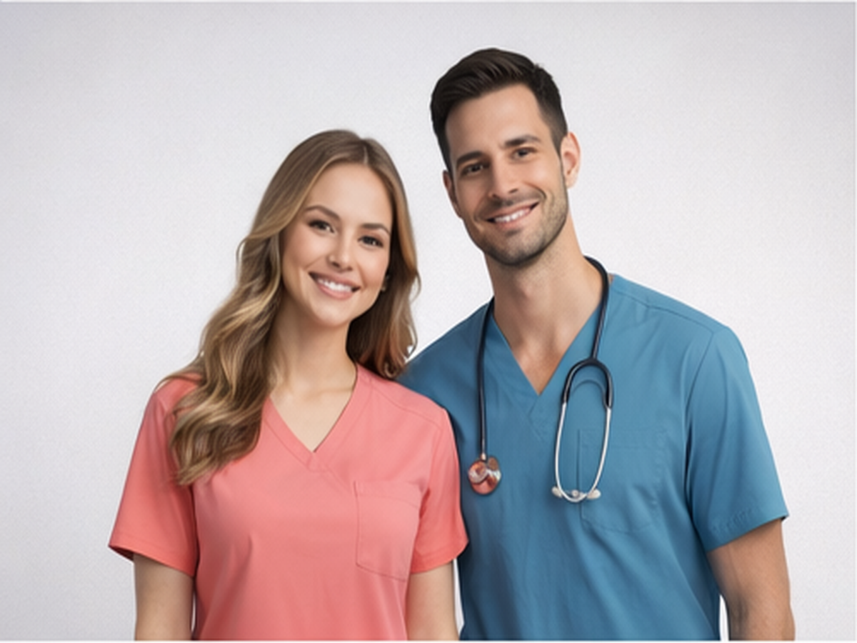 Healthcare professionals wearing premium scrubs